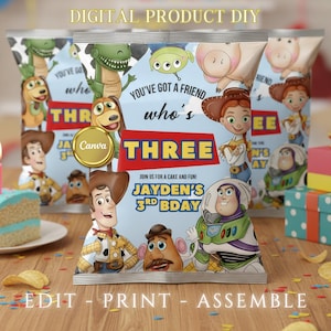 May include: A DIY digital product featuring a birthday party theme. The design includes cartoon characters, the text "YOU'VE GOT A FRIEND who's THREE", and "JAYDEN'S 3RD BDAY". The image also includes the text "EDIT - PRINT - ASSEMBLE".