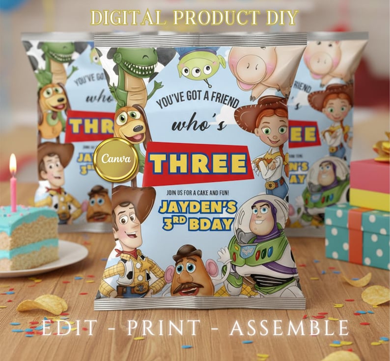 May include: A DIY digital product featuring a birthday party theme. The design includes cartoon characters, the text "YOU'VE GOT A FRIEND who's THREE", and "JAYDEN'S 3RD BDAY". The image also includes the text "EDIT - PRINT - ASSEMBLE".