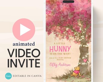 Invitación en video para baby shower de Winnie the Pooh en color rosa (plantilla de Canva)