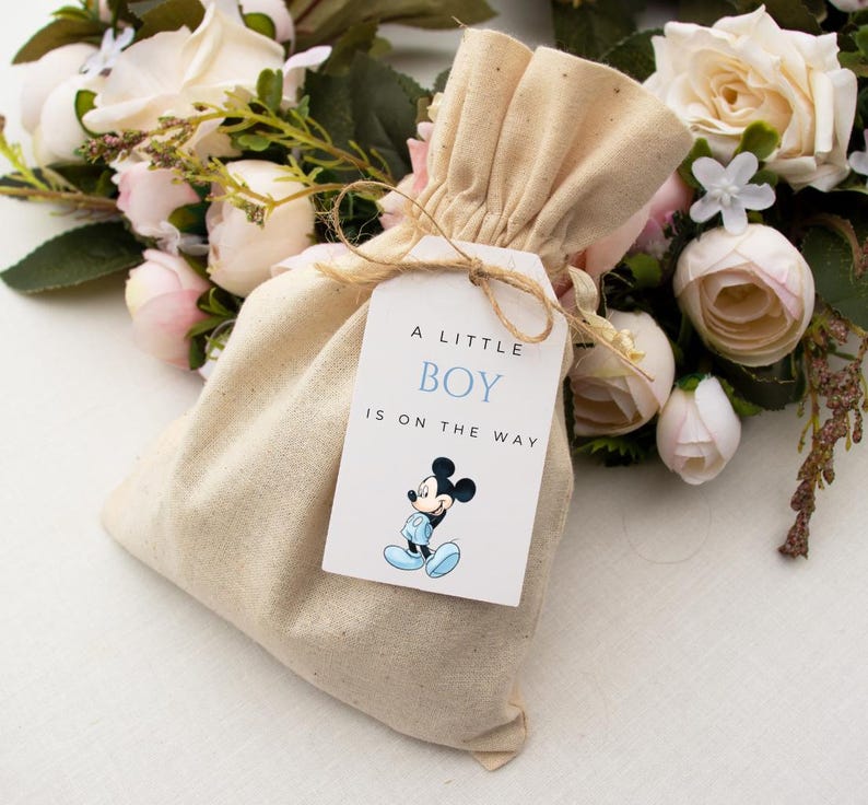 May include: A beige drawstring bag with a tag that reads "A Little Boy Is On The Way" and features a Mickey Mouse illustration. The bag is tied with twine and set against a backdrop of white and pink roses.