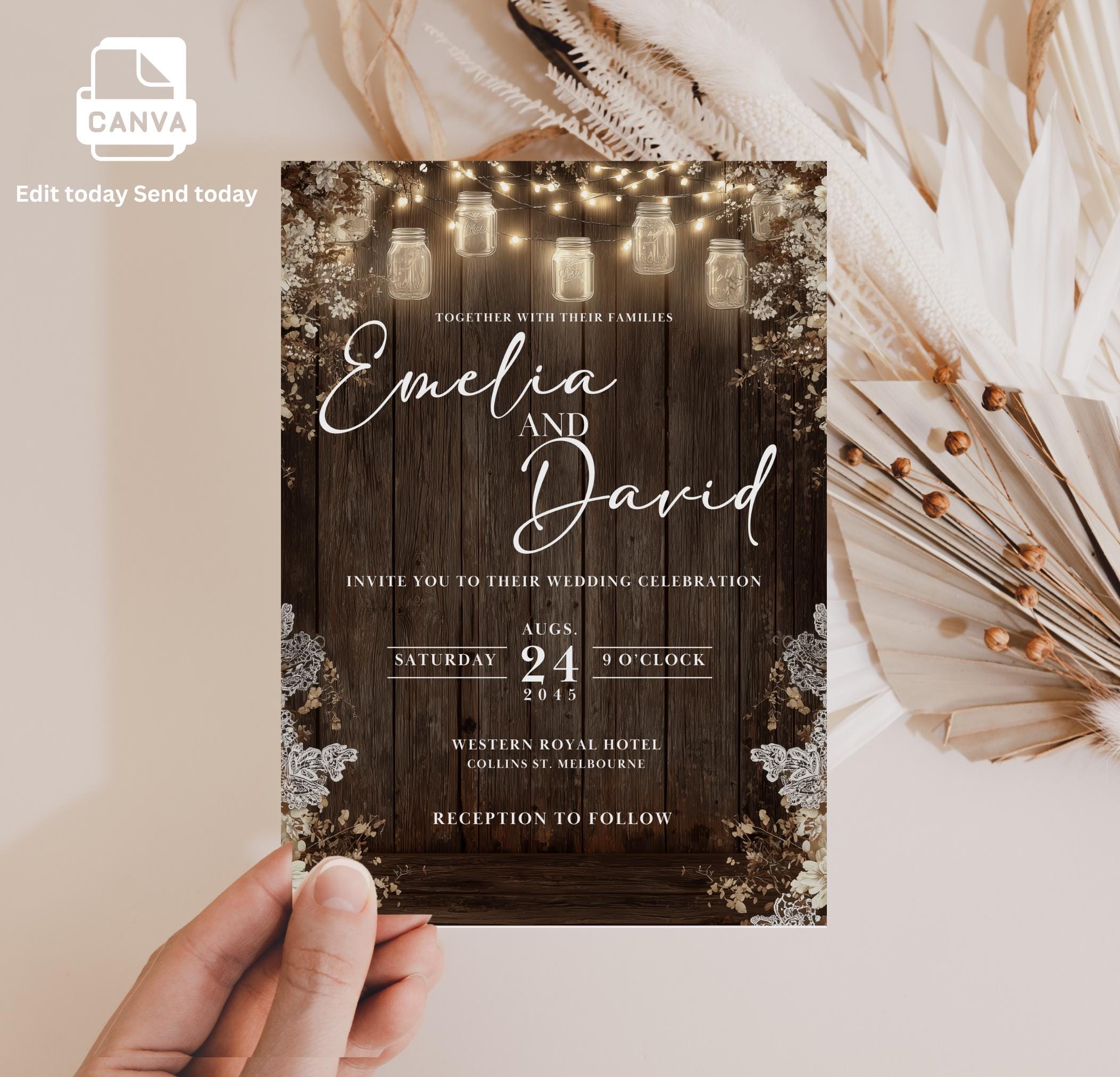 Rustic Wedding Invitation Set: Mason Jar \u0026 Wood (digital Template) - Etsy, image size:2105x2024