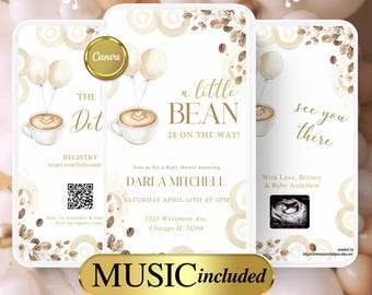 May include: A digital baby shower invitation with a coffee theme. The design features coffee cups, balloons, and the text "a little BEAN is on the way!" The invitation includes details for the event and a QR code.