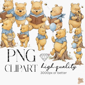 May include: A collection of Winnie the Pooh illustrations in various poses. The characters are depicted in a blue shirt, some holding books, honey pots, or balloons. The words "PNG CLIPART high quality 3000px or better" are also visible.