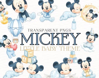 Clipart de acuarela de Mickey Mouse para bebé: Imágenes PNG para scrapbooking (descarga digital)
