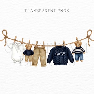May include: Watercolor illustration of baby clothes and teddy bears hanging on a clothesline. Includes a white onesie, tan pants, a navy blue sweater with "BABY" text, and two teddy bears. The text "TRANSPARENT PNGS" is at the top.