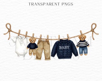 Polo Teddy Bär Baby Kleidung Clipart: Aquarell Wäscheleine (PNG Digital Download)