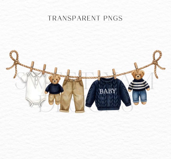 Polo Teddy Bear Baby Clothes Clipart: Watercolor Clothesline (PNG Digital Download)