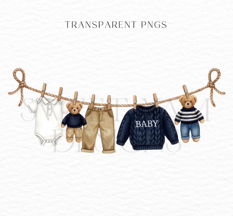 May include: Watercolor illustration of baby clothes and teddy bears hanging on a clothesline. Includes a white onesie, tan pants, a navy blue sweater with "BABY" text, and two teddy bears. The text "TRANSPARENT PNGS" is at the top.