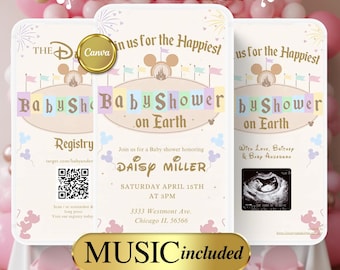 May include: Three baby shower invitations with a Disney theme. The invitations feature pastel colors, Mickey Mouse ears, and the text "Baby Shower on Earth." One invitation includes a QR code and another includes an ultrasound image.