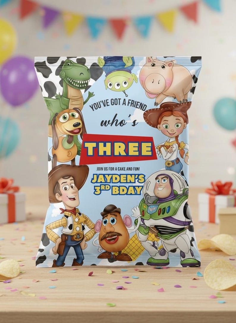 May include: A colorful chip bag featuring characters from the Toy Story movie. The bag has a blue background with the text "YOU'VE GOT A FRIEND who's THREE" and "JAYDEN'S 3RD BDAY". The bag is decorated with cartoon characters.
