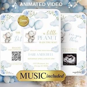May include: Baby shower invitation featuring a watercolor elephant holding balloons, clouds, and floral accents. The invitation includes the text "a little PEANUT IS ON THE WAY!" and "MUSIC included". The invitation also includes the registry information.