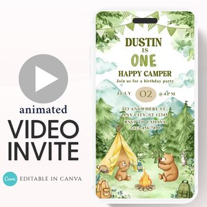One Happy Camper Birthday Invitation, Boy First Birthday, Boy Happy camper Invitation, Camping 1st Birthday, Canva Video Invitation-2