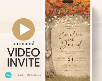 May include: An animated video wedding invitation on a smartphone screen. The design features a tree with autumn leaves, string lights, and the names "Emelia and David." The invitation includes the date, time, and location.
