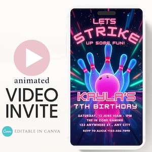 Video Bowling Birthday Invitation, Glow Bowling Invitation, Neon Bowling Party, Boy Bowling Invite, Glow Invite, Strike Up Some Fun-3