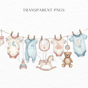 Cute Baby clothes clipart, Clothesline baby shower clipart, Watercolor clothesline, Baby shower clipart png-5