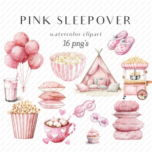 Clipart de fiesta de pijamas, máquina de palomitas de maíz, clipart de almohada, clipart de fiesta de pijamas rosa, clipart de fiesta de pijamas de cumpleaños rosa-1