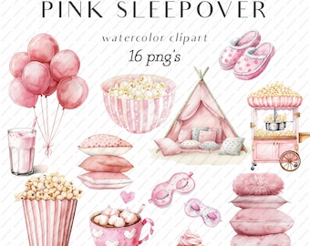 Sleepover party clipart, popcorn machine, pillow clipart, sleepover pink party clipart, Pink birthday sleepover clipart-1