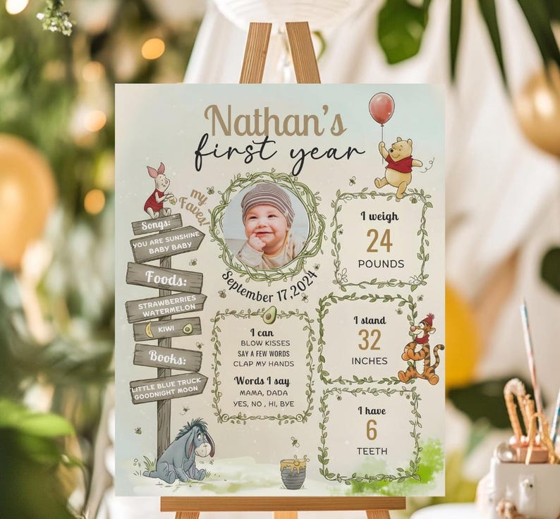 Winnie the Pooh First Year Birthday Milestone Board Sign (digital ...