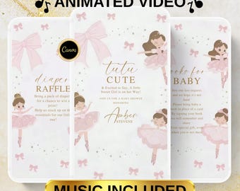 May include: Animated baby shower invitations with a pink tutu theme. The design includes illustrations of ballerinas, bows, and the text "tutu CUTE". The invitations also feature the text "diaper RAFFLE" and "books for BABY".