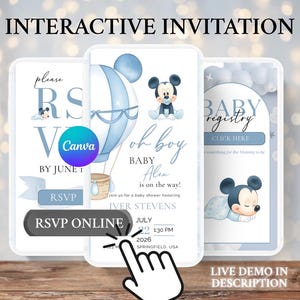 May include: Digital baby shower invitation featuring a blue and white design with a hot air balloon, Mickey Mouse, and the text "Oh Boy, Baby Alex is on the way!" Includes RSVP information and a "Baby Registry" section. The invitation is interactive.