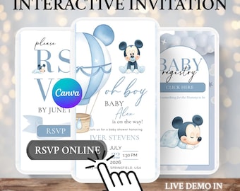 Mickey mouse baby  Shower Invitation, Editable Canva Template E-Card