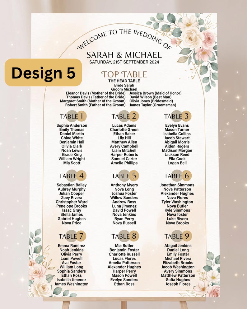 Puede incluir: Un cartel de distribuci&oacute;n de mesas de boda titulado Welcome to the Wedding of Sarah & Michael, Saturday, 21st September 2024. El dise&ntilde;o presenta una disposici&oacute;n arqueada con detalles florales, enumerando a los invitados para la mesa principal y las mesas 1 a 9.