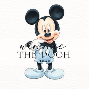 May include: A watercolor illustration of Mickey Mouse, with black ears, a black body, and a light skin tone face. He wears blue shorts and white gloves, pointing with his right hand. The text "WINNIE THE POOH CLIPART" is below him.