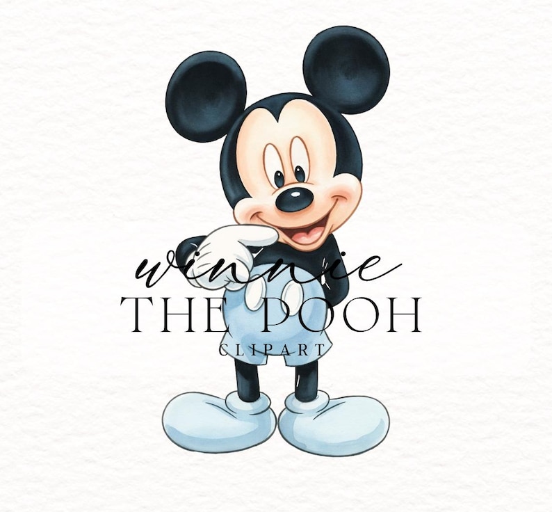 May include: A watercolor illustration of Mickey Mouse, with black ears, a black body, and a light skin tone face. He wears blue shorts and white gloves, pointing with his right hand. The text "WINNIE THE POOH CLIPART" is below him.