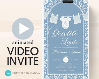 Video Cielito Lindo Baby Shower Invitation, Mexican Baby shower Editable Talavera Theme Papel Picado Invite. Dusty Blue template-1