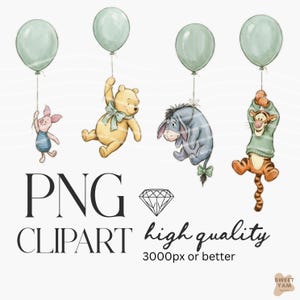 Può includere: Illustrazione ad acquerello con Pimpi, Winnie the Pooh, Eeyore e Tigro, ognuno con un palloncino verde chiaro. L'immagine include il testo "PNG CLIPART high quality 3000px or better".