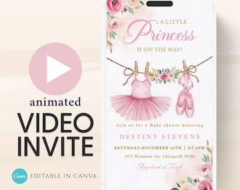 May include: Animated video invite for a baby shower. The design features a pink tutu and ballet shoes hanging on a clothesline, with floral accents. Text includes "A Little Princess is on the Way!" and event details.