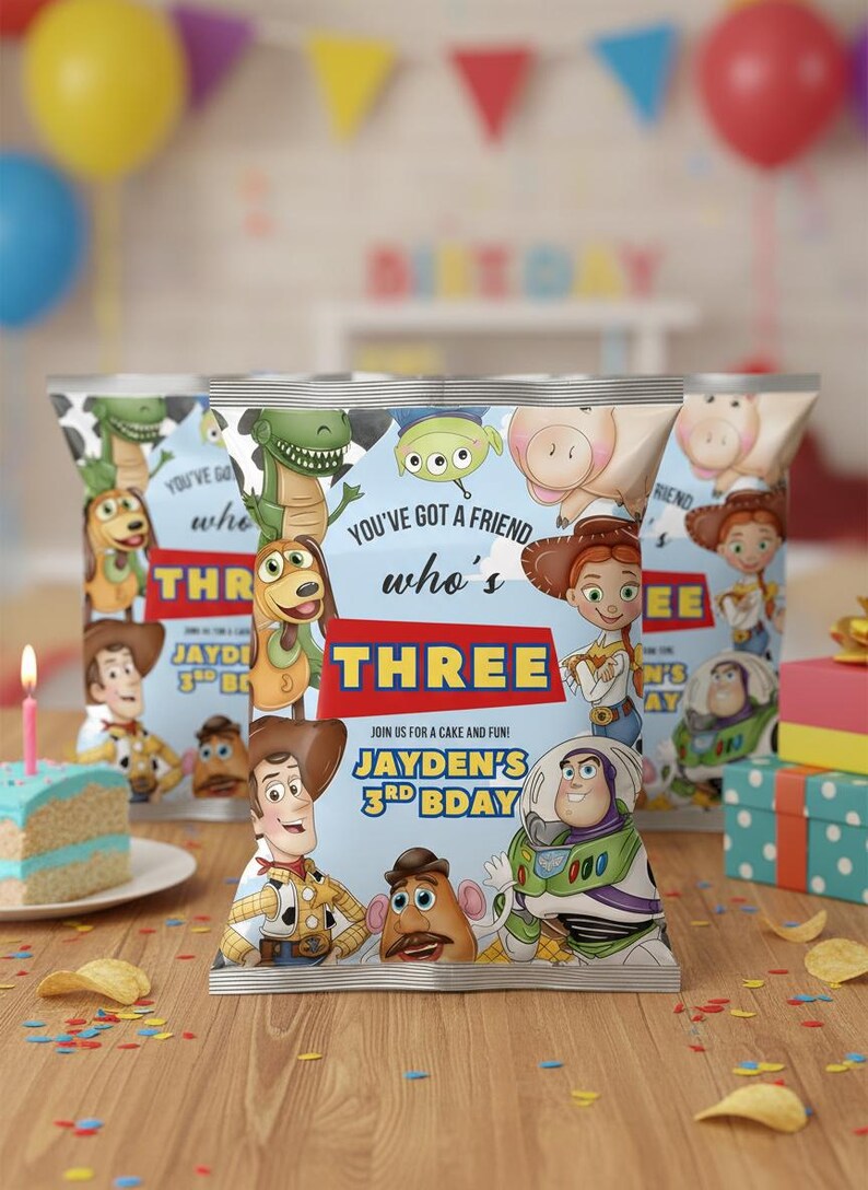 May include: Birthday-themed chip bags featuring Toy Story characters. The bags have the text "You've Got a Friend Who's Three" and "Jayden's 3rd Bday". The background includes balloons, a cake, and presents.
