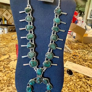Necklace navajo Squash blossom handmade sterling silver turquoise ladies necklace. Matching set great gift. Statement necklace southwest NFR