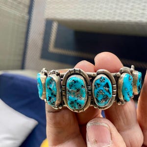 Beautiful Vintage turquoise sterling silver statement cuff inlay bracelet Navajo handmade row style cuff bargain bracelet Signed stamped
