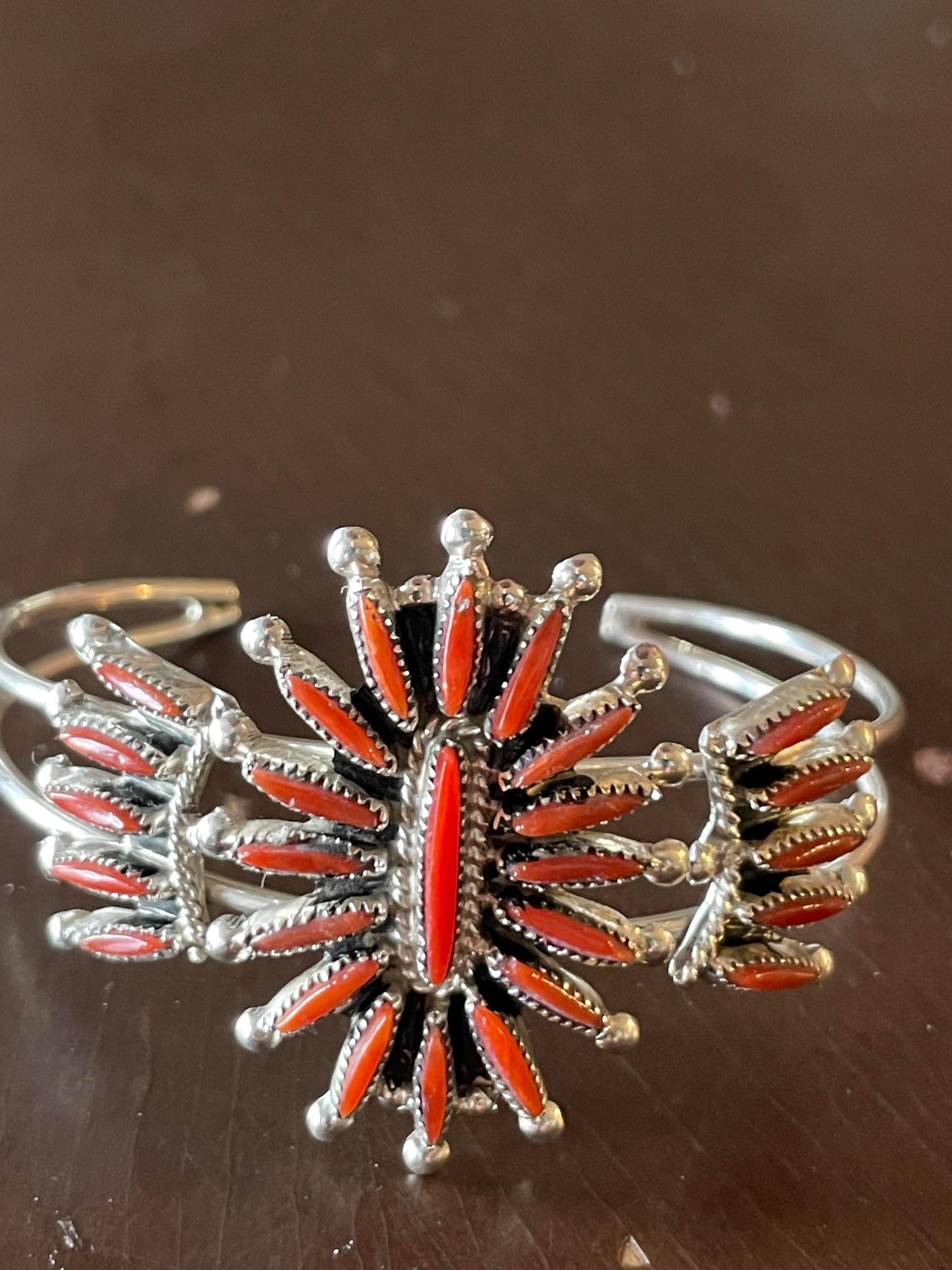 Coral Needlepoint Cluster Bracelet / Cuff Bracelets / Zuni Coral Needlepoint Cluster Bracelet / Cuff Bracelets / Zuni
