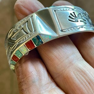 Bracelet &quot;twist&quot; style inlaid & sterling silver statement cuff  bracelet Navajo handmade vintage style bargain bracelet. native design