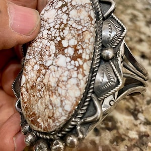 Large Wild Horse Navajo vintage style cuff bracelet handmade chunky Native bling. Big unique & authentic sterling silver and turquoise stone