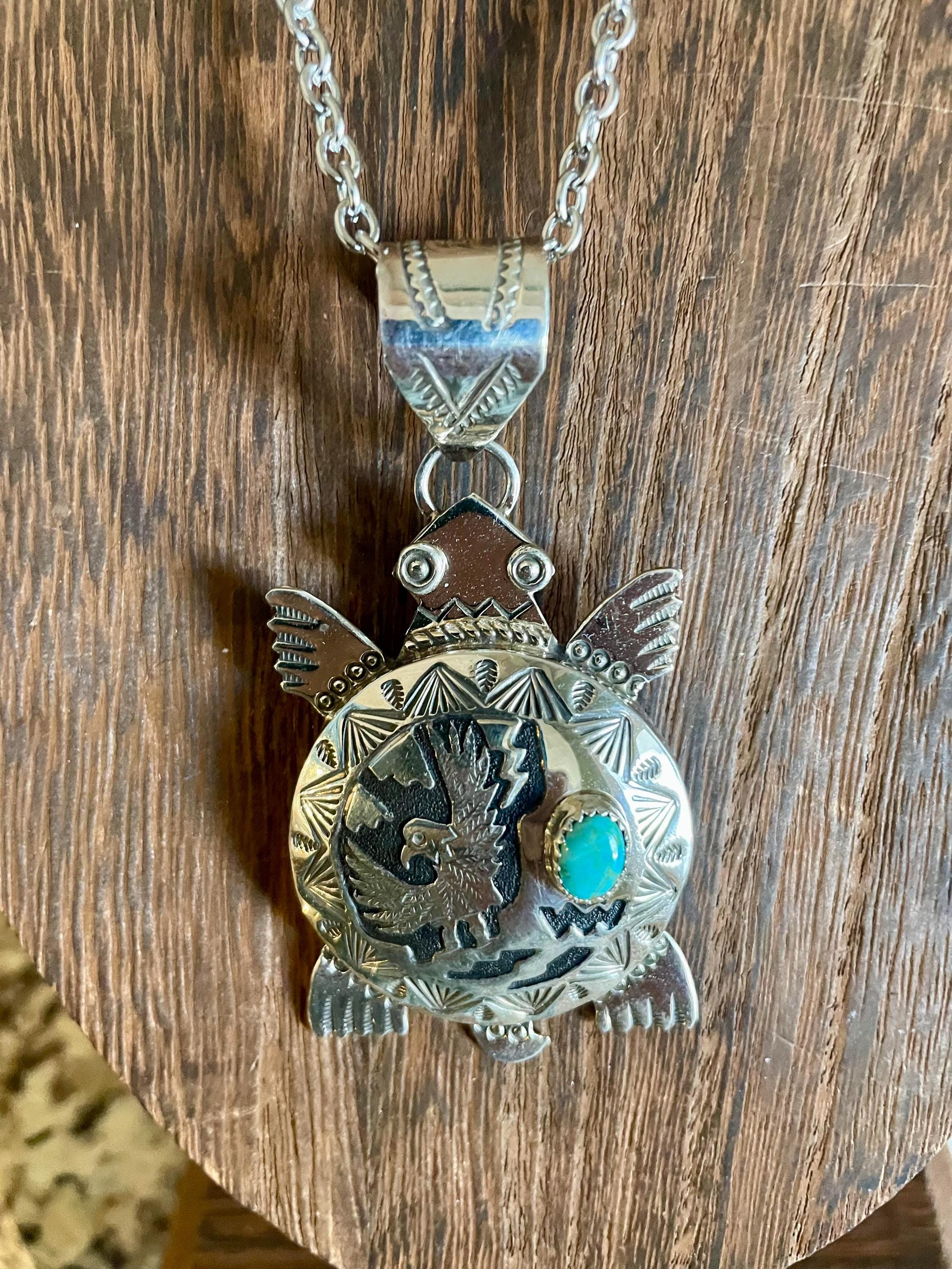 Large pendant custom navajo handmade sterling silver turquoise ladies necklace. Nice piece for special  gift. Mans necklace southwestern