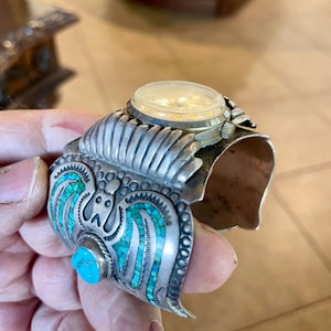 Beautiful vintage Singer style sterling silver watch cuff heavy bracelet Navajo handmade vintage cuff bargain bracelet Signed stamped, old