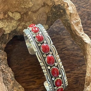 Beautiful classy red coral & sterling silver statement cuff  bracelet Navajo handmade vintage style cuff bargain bracelet Signed stamped