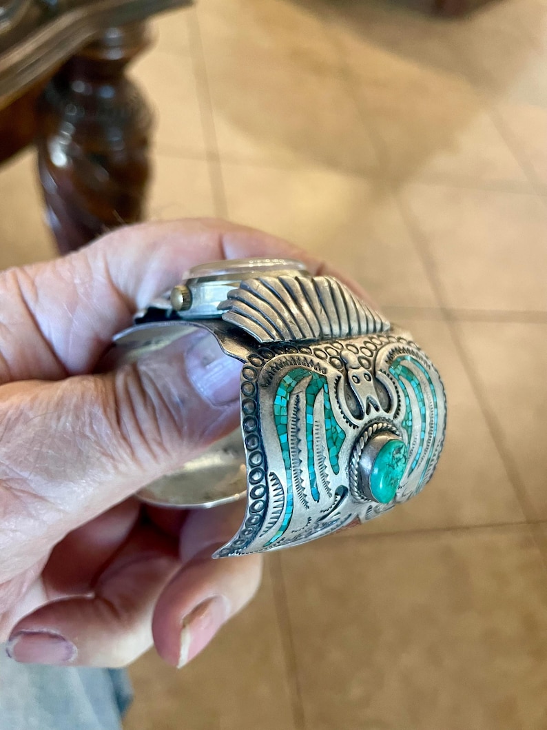 Vintage Sterling Silver Navajo Watch Cuff Bracelet, Turquoise Inlay - Etsy