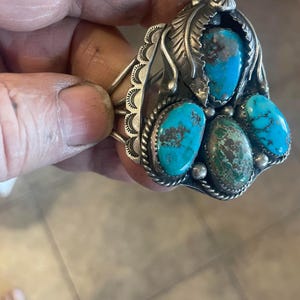 Large Navajo vintage southwest style cuff bracelet handmade chunky. Big unique & authentic sterling silver natural turquoise stones