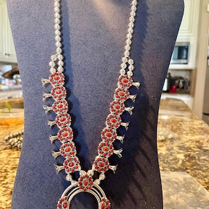 Squash blossom necklace navajo handmade sterling silver red coral ladies necklace. Matching set for Mothers day gift. Statement necklace