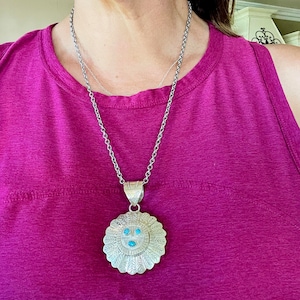 Large pendant custom navajo handmade sterling silver turquoise ladies necklace. Nice piece for special  gift. Mans necklace southwestern