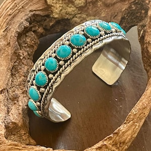 Beautiful classy turquoise sterling silver statement cuff  bracelet Navajo handmade vintage style cuff bargain bracelet Signed stamped