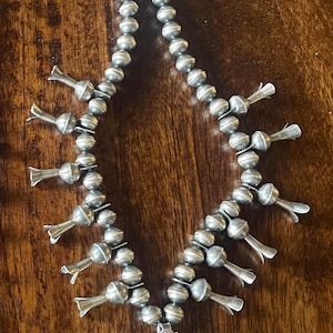 Puede incluir: Un collar de plata tipo « squash blossom » con detalles turquesa. El collar presenta una serie de cuentas de plata y flores decorativas, que conducen a un colgante en forma de herradura con piedras turquesas. Se ve una pequeña bolsa de pendientes a juego.