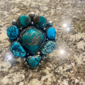 SALE Large Navajo vintage style cuff bracelet handmade chunky Native. Heavy unique & authentic sterling with silver mixed turquoise stone