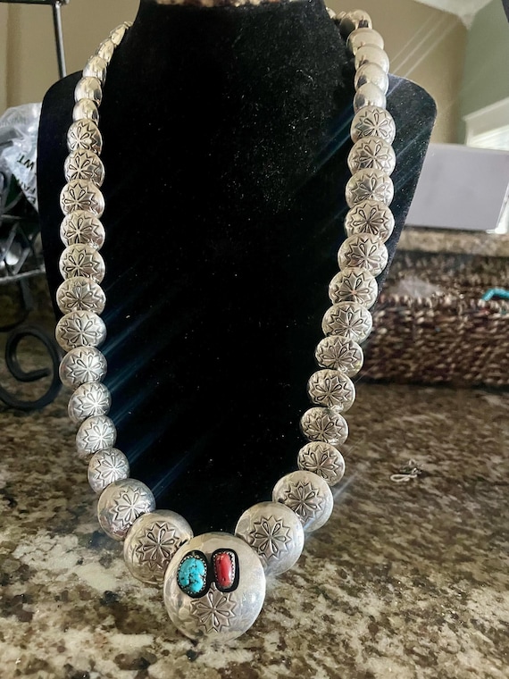 Pillow Style Turquoise & Coral Navajo Pearls Necklace Navajo
