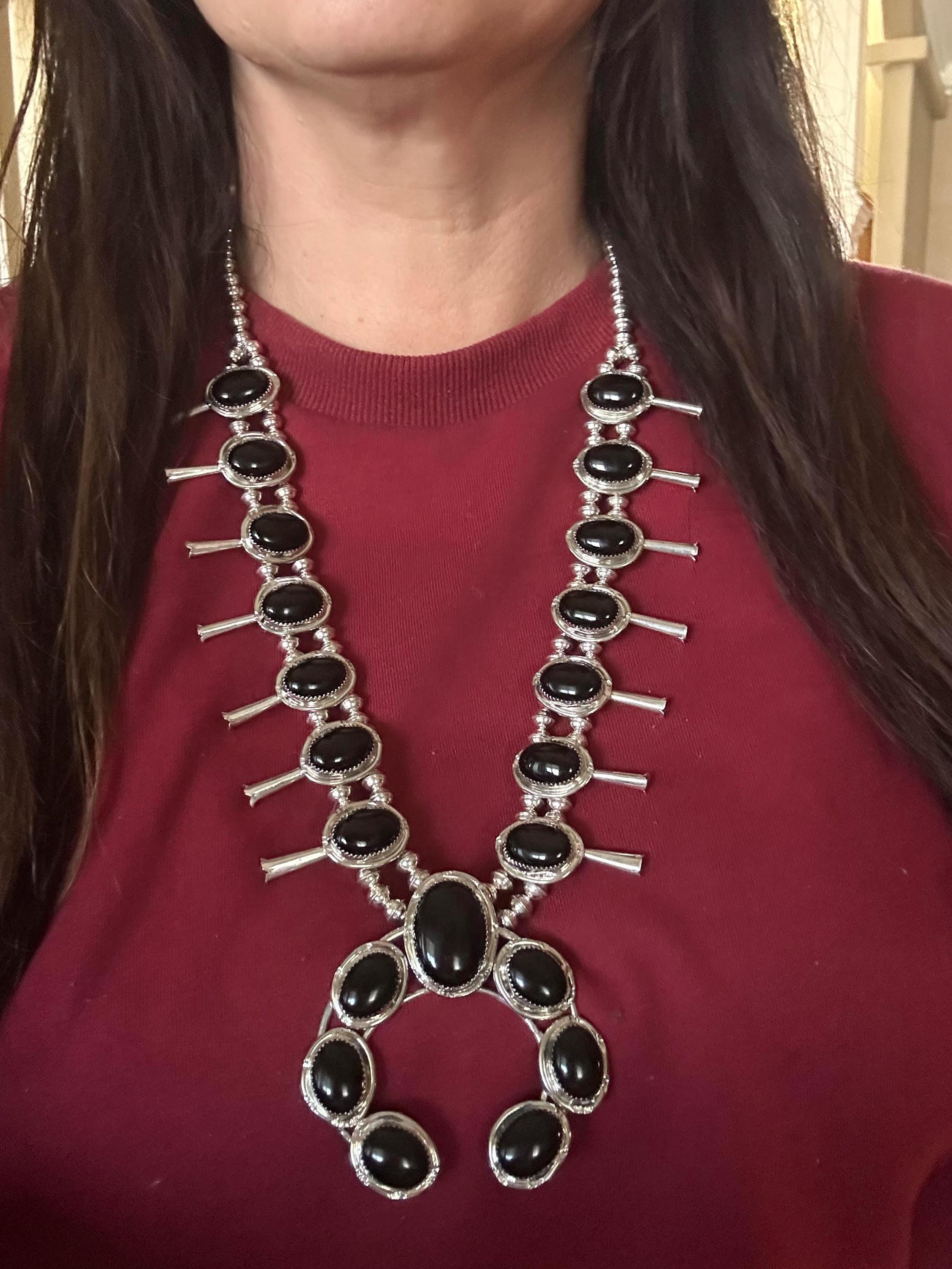 Squash Blossom Necklace Navajo Handmade Sterling Silver Black Onyx