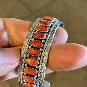 Beautiful classy red spiney & sterling silver statement cuff  bracelet Navajo handmade vintage style cuff bargain bracelet Signed stamped